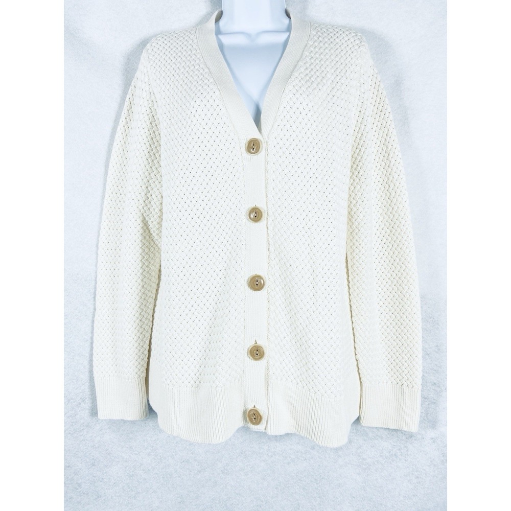 LL Bean Sweater Women's Petite PXL White Cardigan Basketweave Textured Cozy